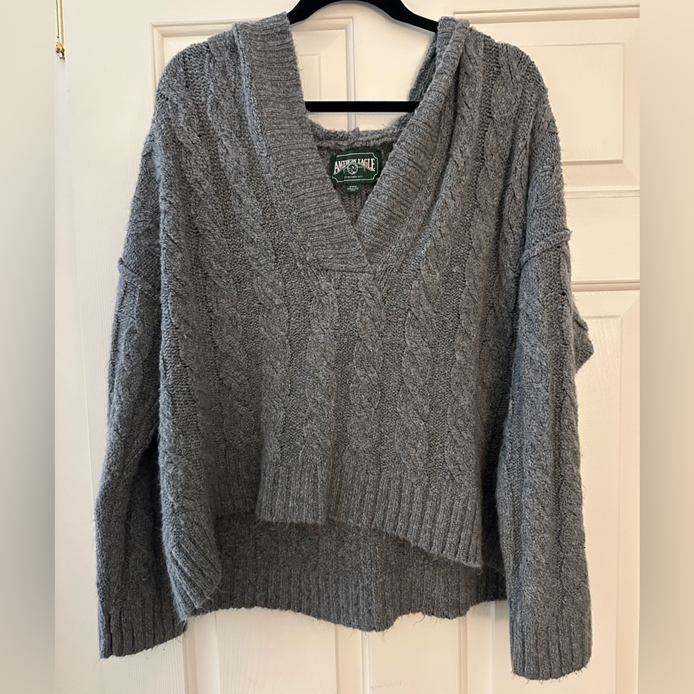 American Eagle Outfitters Women's Grey Cable Knit Sweater with Hood